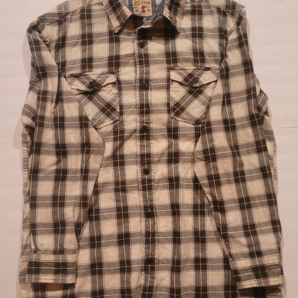 RedHead Gray and Cream Plaid Casual Button Down Shirt Size L 23x39
